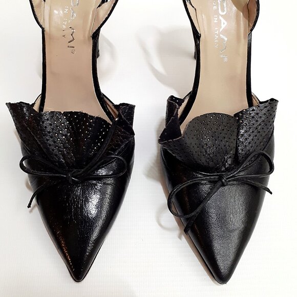 ADAMI Pinup Stiletto Heel Pumps with Ruffle Detail in Jet Black Leather - Picture 4 of 15